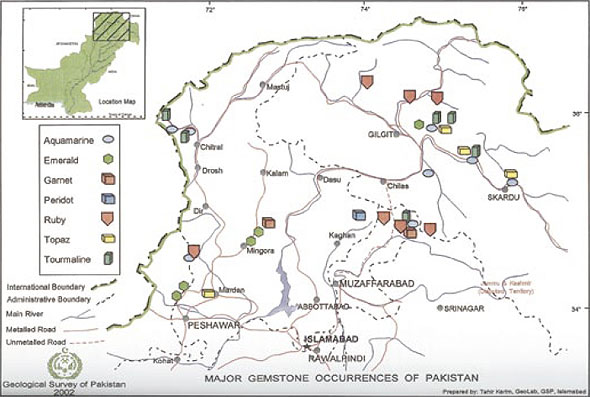 Major Gemstone Occurrences of Pakistan map image